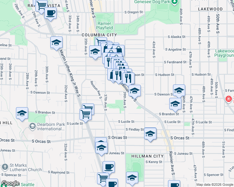 map of restaurants, bars, coffee shops, grocery stores, and more near 3735 South Dawson Street in Seattle
