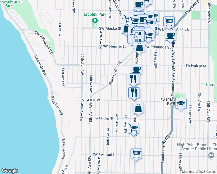 map of restaurants, bars, coffee shops, grocery stores, and more near 5258 Erskine Way Southwest in Seattle