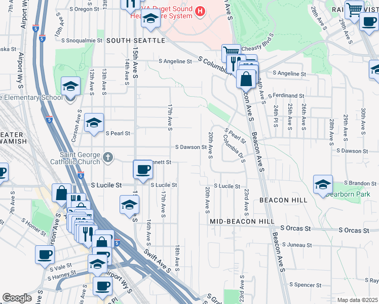 map of restaurants, bars, coffee shops, grocery stores, and more near 1744 South Dawson Street in Seattle