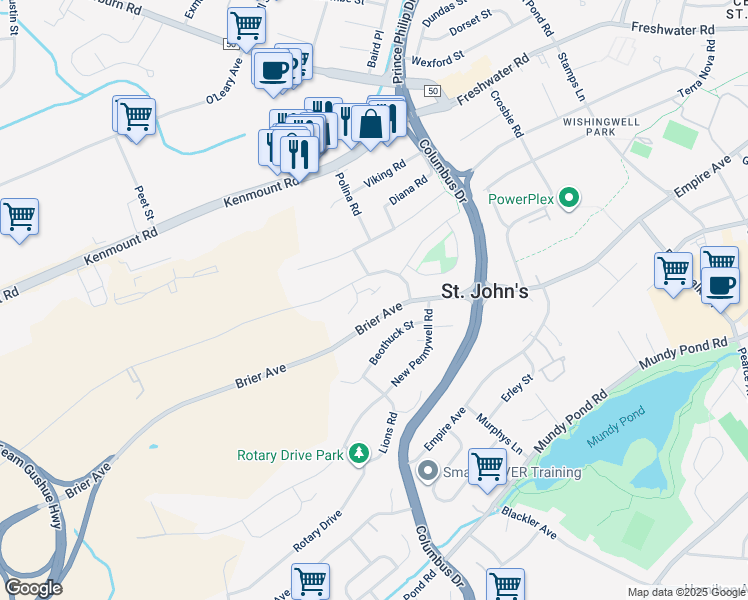 map of restaurants, bars, coffee shops, grocery stores, and more near 19 Lynch Place in St. John's