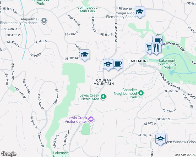 map of restaurants, bars, coffee shops, grocery stores, and more near 5301 164th Avenue Southeast in Bellevue