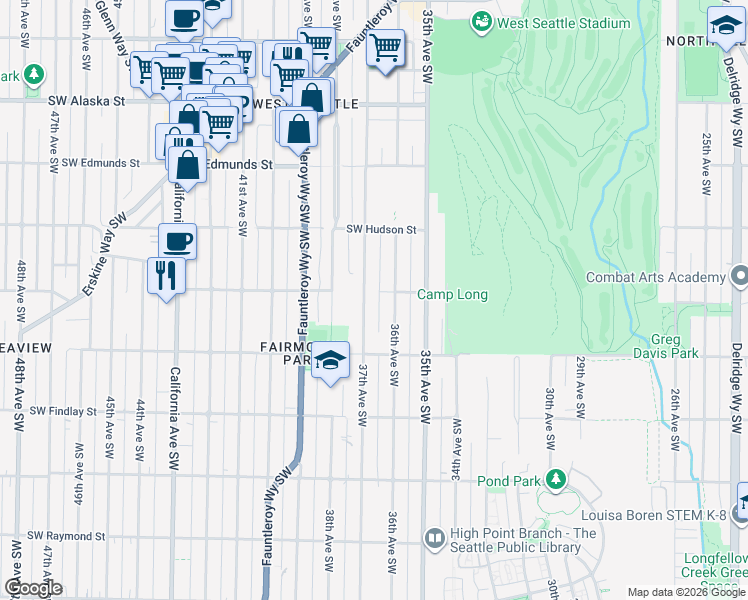 map of restaurants, bars, coffee shops, grocery stores, and more near 5047 37th Avenue Southwest in Seattle
