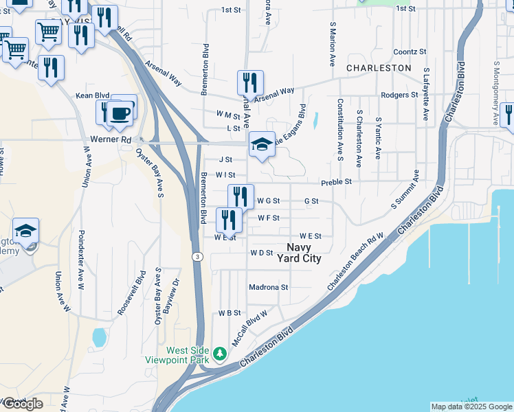 map of restaurants, bars, coffee shops, grocery stores, and more near 3736 West G Street in Bremerton