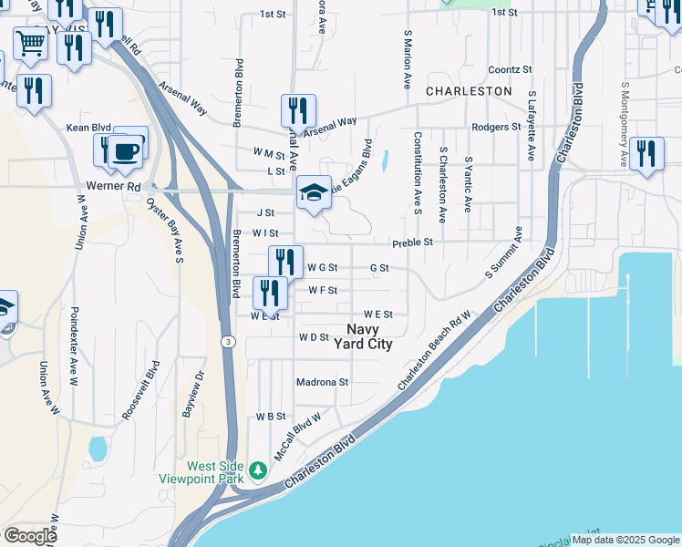 map of restaurants, bars, coffee shops, grocery stores, and more near 603 West Charlotte Avenue in Bremerton