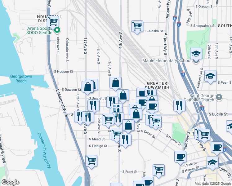 map of restaurants, bars, coffee shops, grocery stores, and more near 5055 4th Avenue South in Seattle