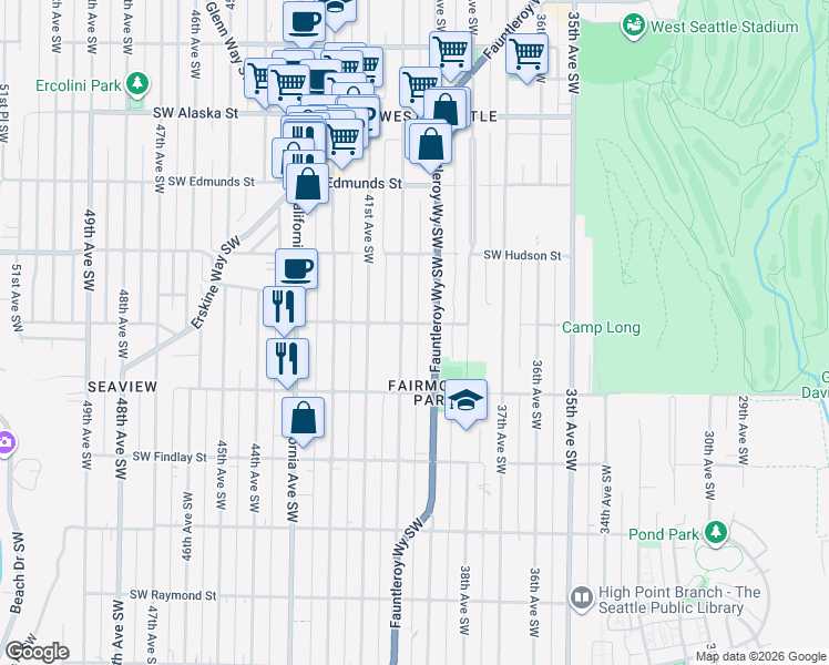 map of restaurants, bars, coffee shops, grocery stores, and more near 5051 Fauntleroy Way Southwest in Seattle