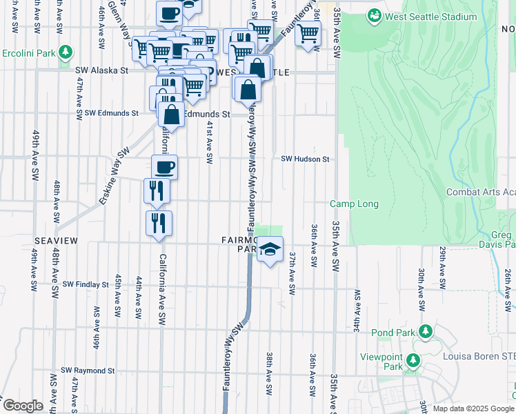 map of restaurants, bars, coffee shops, grocery stores, and more near 5055 38th Avenue Southwest in Seattle