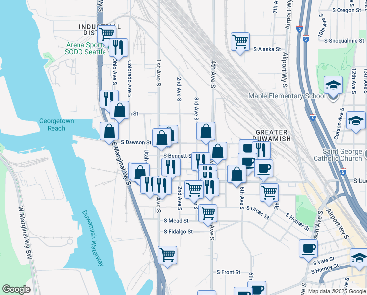 map of restaurants, bars, coffee shops, grocery stores, and more near 5050 2nd Avenue South in Seattle
