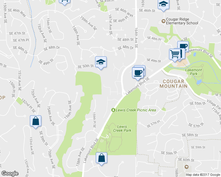 map of restaurants, bars, coffee shops, grocery stores, and more near 5301 164th Avenue Southeast in Bellevue