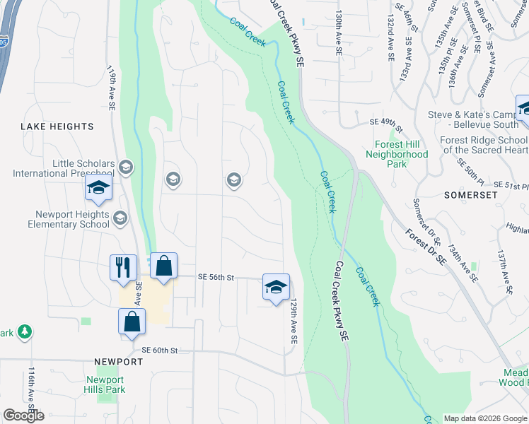 map of restaurants, bars, coffee shops, grocery stores, and more near 12554 Southeast 52nd Street in Bellevue