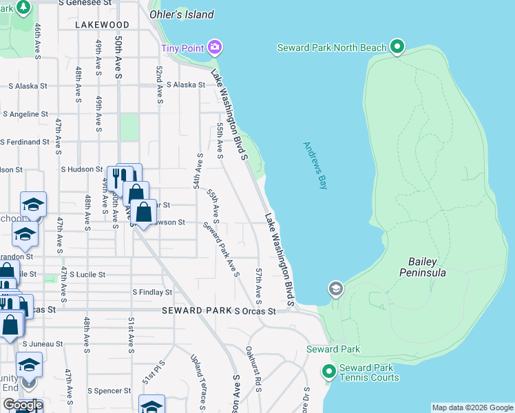 map of restaurants, bars, coffee shops, grocery stores, and more near 5041 Lake Washington Boulevard South in Seattle