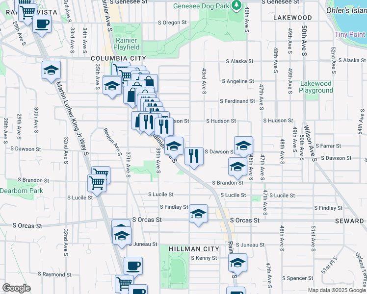 map of restaurants, bars, coffee shops, grocery stores, and more near 3948 South Farrar Street in Seattle