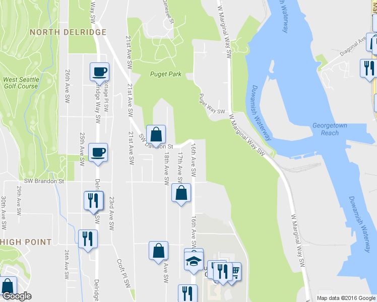 map of restaurants, bars, coffee shops, grocery stores, and more near 5201 16th Avenue Southwest in Seattle