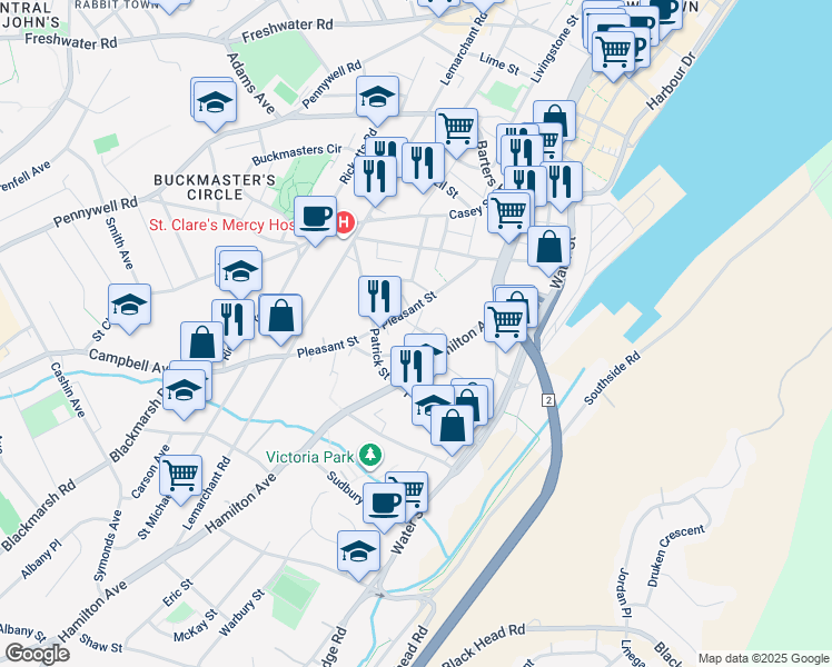 map of restaurants, bars, coffee shops, grocery stores, and more near 17 Atlantic Avenue in Saint John's