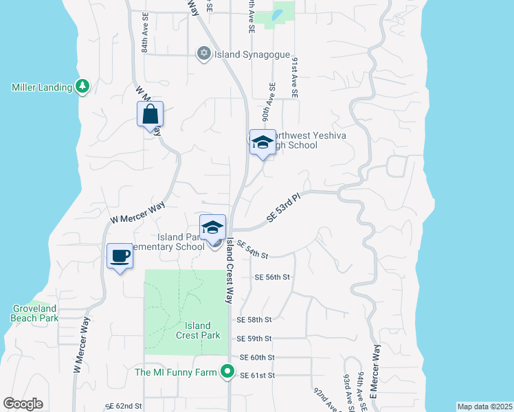map of restaurants, bars, coffee shops, grocery stores, and more near 5230 90th Avenue Southeast in Mercer Island