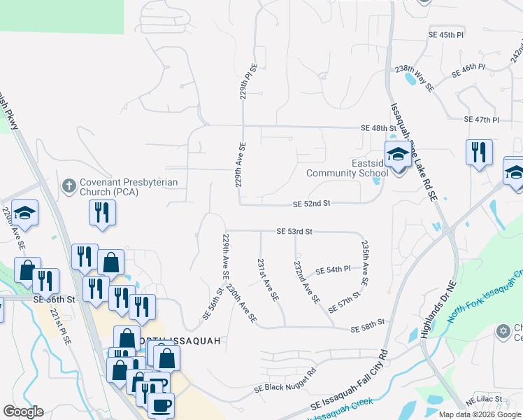 map of restaurants, bars, coffee shops, grocery stores, and more near 22997 Southeast 52nd Street in Issaquah
