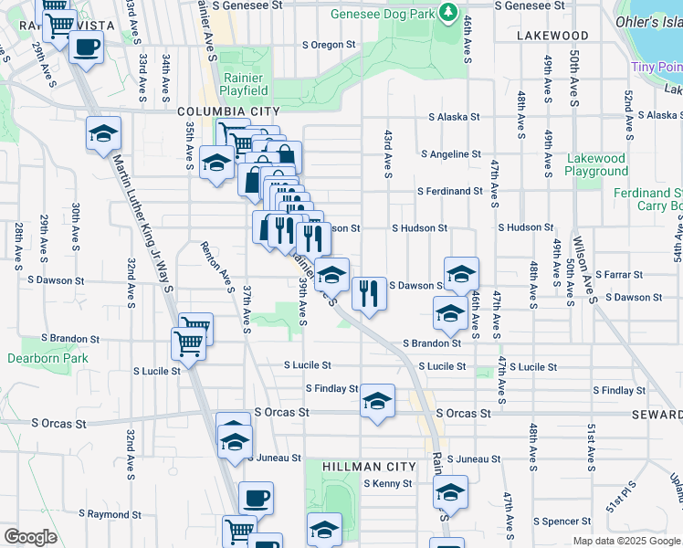 map of restaurants, bars, coffee shops, grocery stores, and more near 3939 South Farrar Street in Seattle