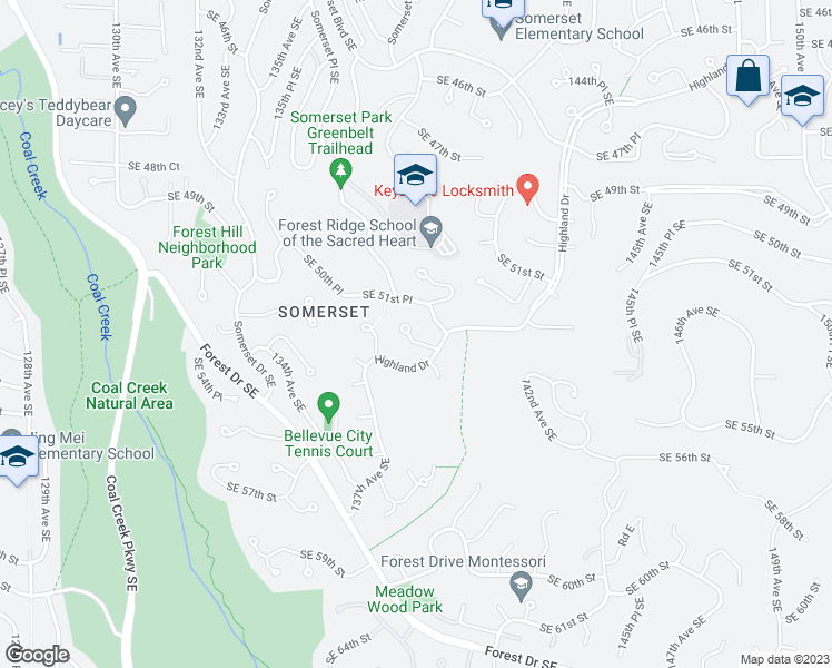 map of restaurants, bars, coffee shops, grocery stores, and more near 13806 Southeast 52nd Place in Bellevue