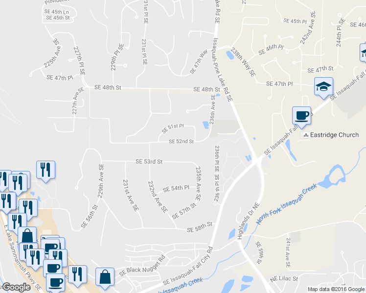 map of restaurants, bars, coffee shops, grocery stores, and more near 23390 Southeast 52nd Street in Issaquah