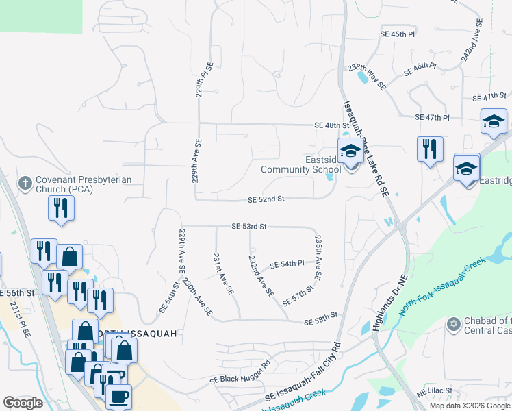 map of restaurants, bars, coffee shops, grocery stores, and more near 23184 Southeast 52nd Street in Issaquah