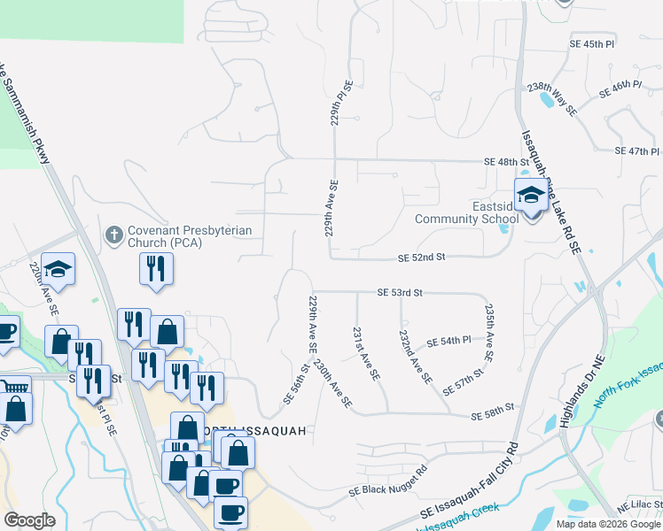map of restaurants, bars, coffee shops, grocery stores, and more near 22908 Southeast 52nd Street in Issaquah