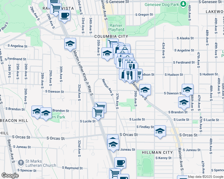 map of restaurants, bars, coffee shops, grocery stores, and more near 5038 Renton Avenue South in Seattle