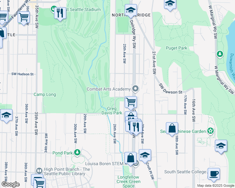 map of restaurants, bars, coffee shops, grocery stores, and more near 5050 26th Avenue Southwest in Seattle