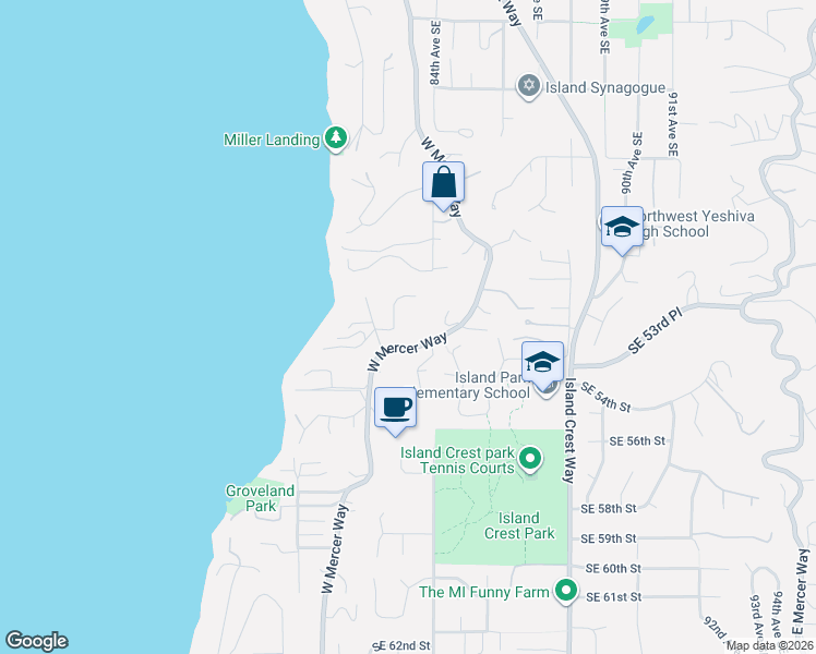 map of restaurants, bars, coffee shops, grocery stores, and more near 5222 Forest Avenue Southeast in Mercer Island