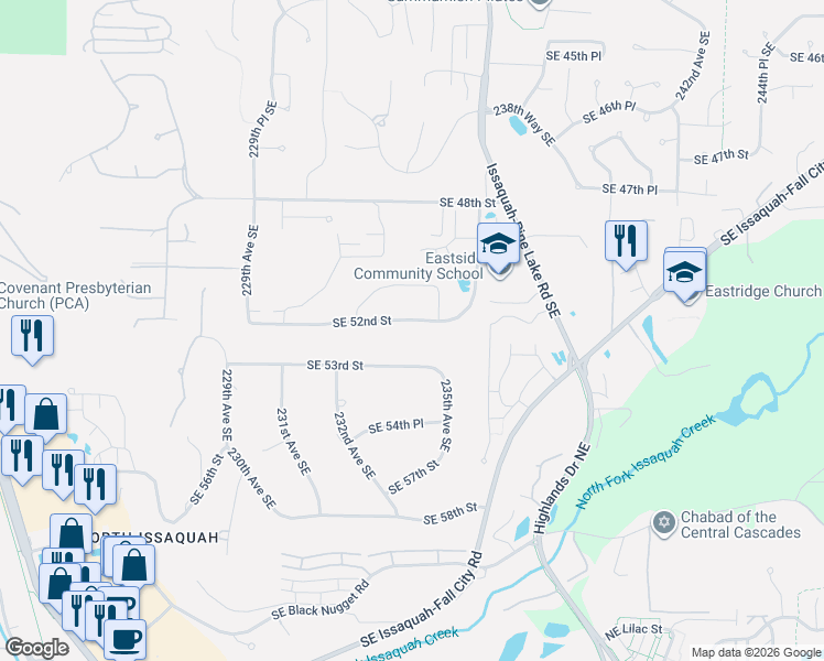 map of restaurants, bars, coffee shops, grocery stores, and more near 23390 Southeast 52nd Street in Issaquah