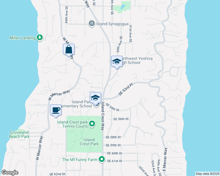 map of restaurants, bars, coffee shops, grocery stores, and more near 5230 90th Avenue Southeast in Mercer Island