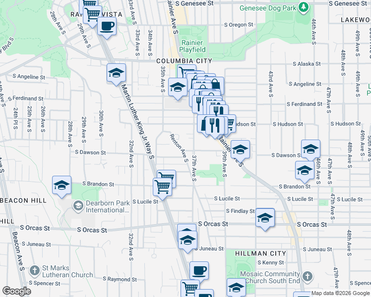 map of restaurants, bars, coffee shops, grocery stores, and more near 5060 Renton Avenue South in Seattle