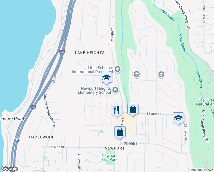 map of restaurants, bars, coffee shops, grocery stores, and more near 5225 119th Avenue Southeast in Bellevue