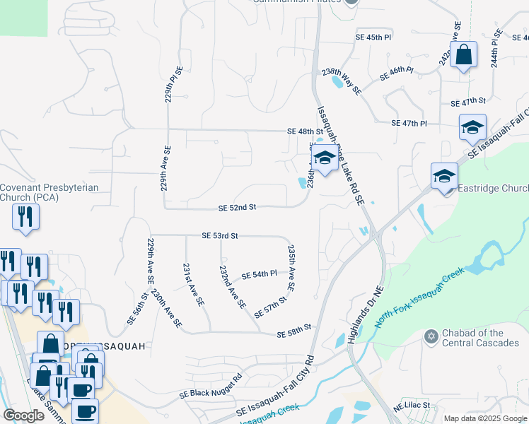 map of restaurants, bars, coffee shops, grocery stores, and more near 23390 Southeast 52nd Street in Issaquah