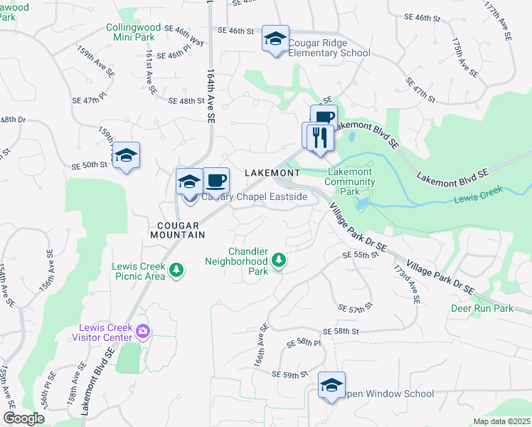 map of restaurants, bars, coffee shops, grocery stores, and more near 5329 Lakemont Boulevard Southeast in Bellevue