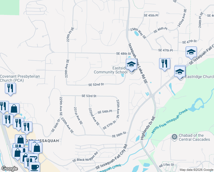 map of restaurants, bars, coffee shops, grocery stores, and more near 23390 Southeast 52nd Street in Issaquah