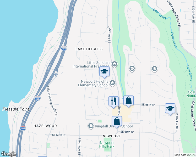 map of restaurants, bars, coffee shops, grocery stores, and more near 5219 117th Avenue Southeast in Bellevue