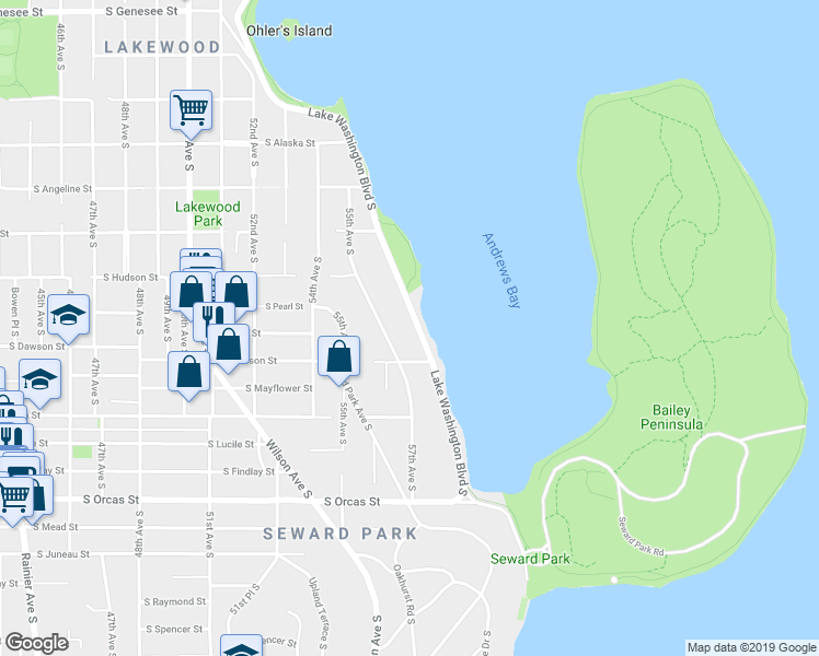 map of restaurants, bars, coffee shops, grocery stores, and more near 5041 Lake Washington Boulevard South in Seattle