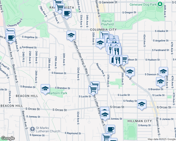map of restaurants, bars, coffee shops, grocery stores, and more near 5041 Martin Luther King Junior Way South in Seattle