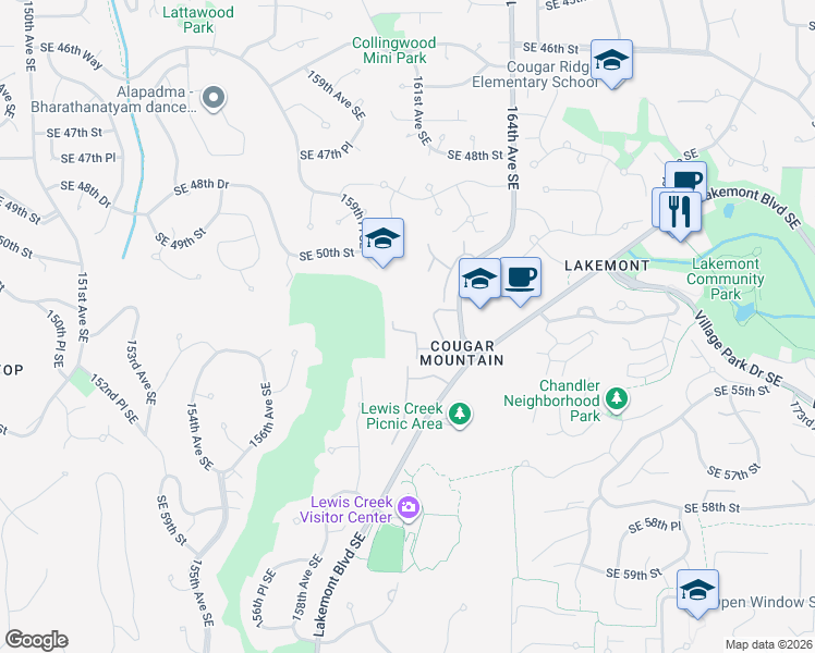 map of restaurants, bars, coffee shops, grocery stores, and more near 5129 164th Avenue Southeast in Bellevue