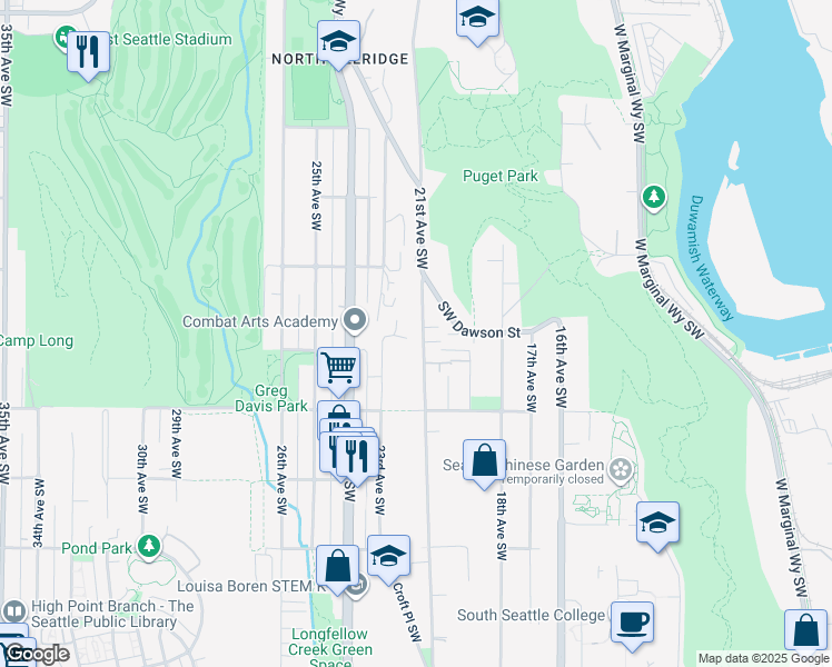 map of restaurants, bars, coffee shops, grocery stores, and more near 5070 Puget Boulevard Southwest in Seattle