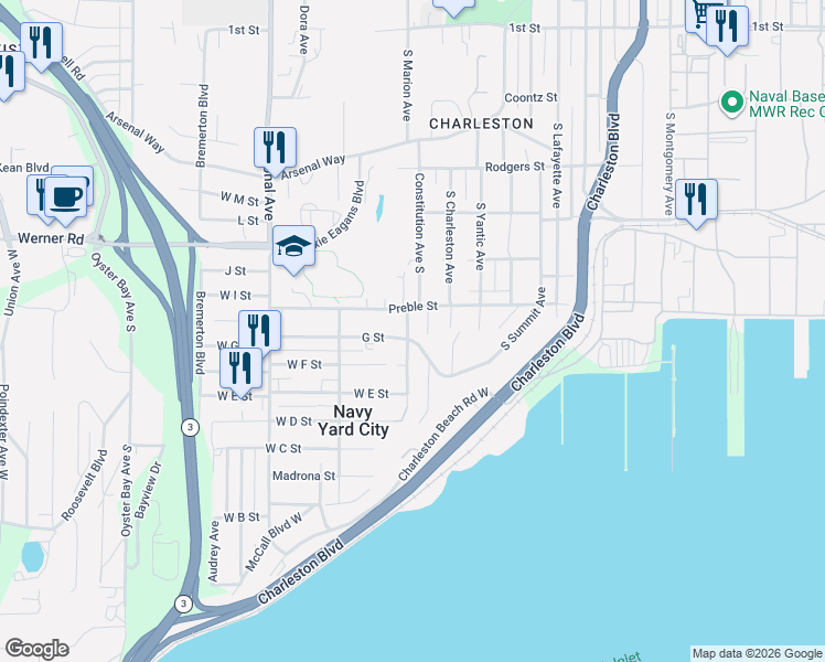 map of restaurants, bars, coffee shops, grocery stores, and more near 881 South Summit Avenue in Bremerton