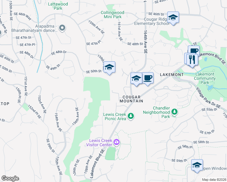 map of restaurants, bars, coffee shops, grocery stores, and more near 5129 164th Avenue Southeast in Bellevue