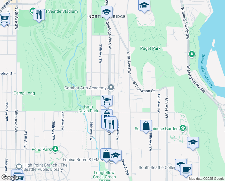 map of restaurants, bars, coffee shops, grocery stores, and more near 5050 Delridge Way Southwest in Seattle