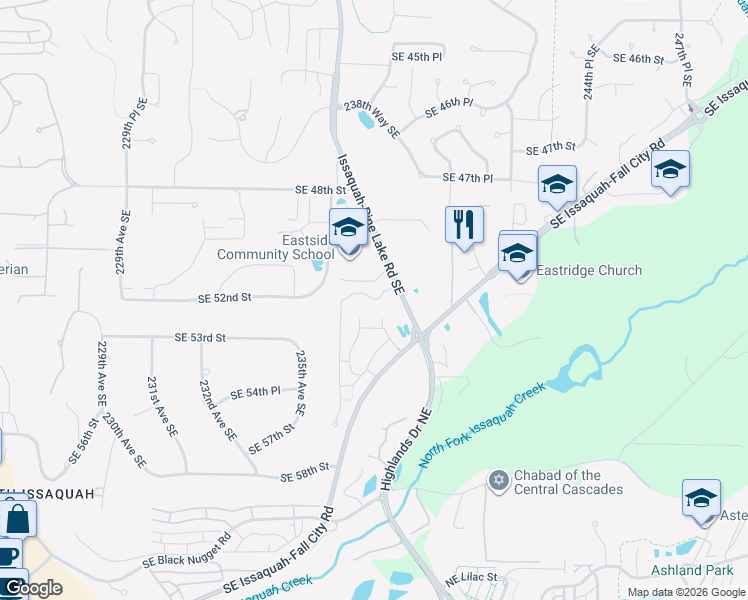 map of restaurants, bars, coffee shops, grocery stores, and more near 5105 Issaquah-Pine Lake Road Southeast in Issaquah