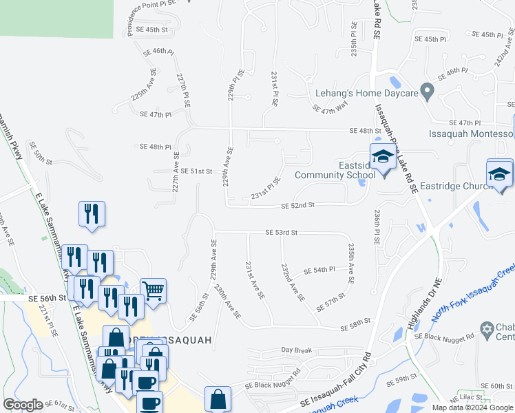 map of restaurants, bars, coffee shops, grocery stores, and more near 22907 Southeast 52nd Street in Issaquah