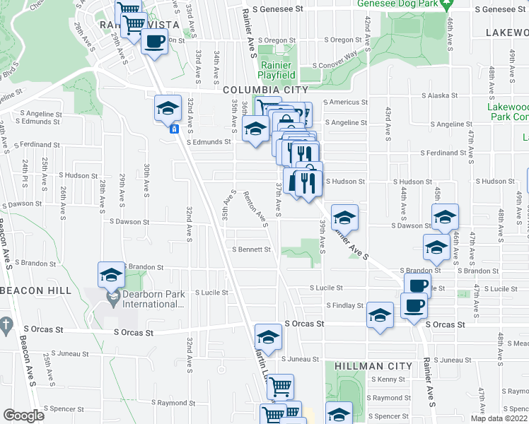 map of restaurants, bars, coffee shops, grocery stores, and more near 5038 Renton Avenue South in Seattle