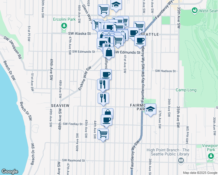 map of restaurants, bars, coffee shops, grocery stores, and more near 5050 California Avenue Southwest in Seattle