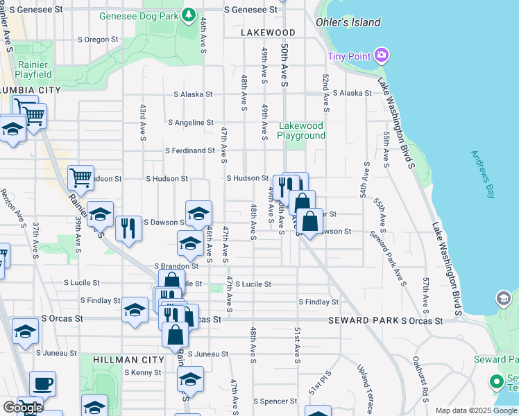 map of restaurants, bars, coffee shops, grocery stores, and more near 5030 48th Avenue South in Seattle