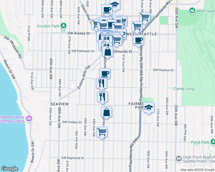 map of restaurants, bars, coffee shops, grocery stores, and more near 4228 Southwest Dawson Street in Seattle