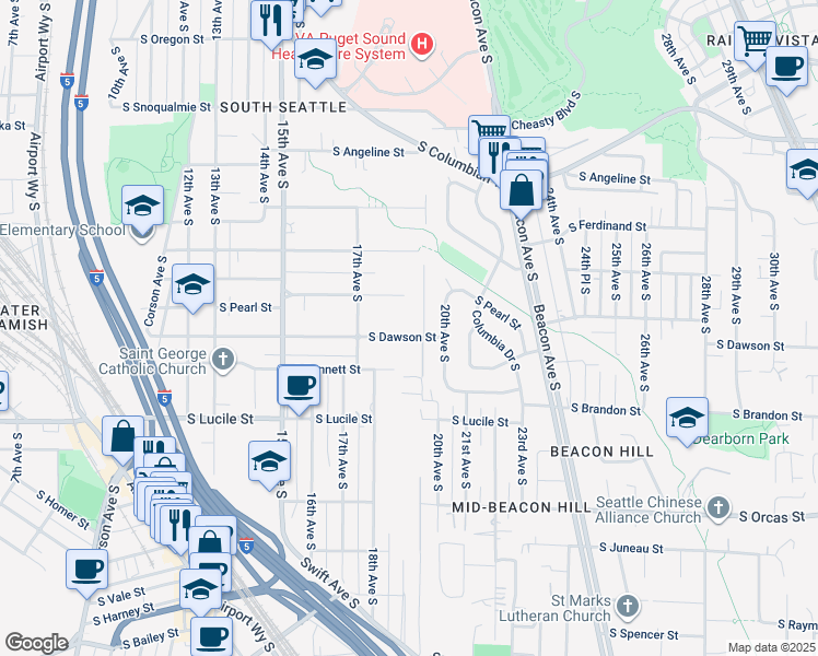 map of restaurants, bars, coffee shops, grocery stores, and more near 1744 South Dawson Street in Seattle